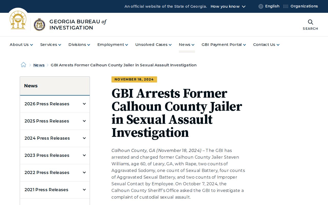 Official GBI release showing Calhoun County investigative and warrant process language