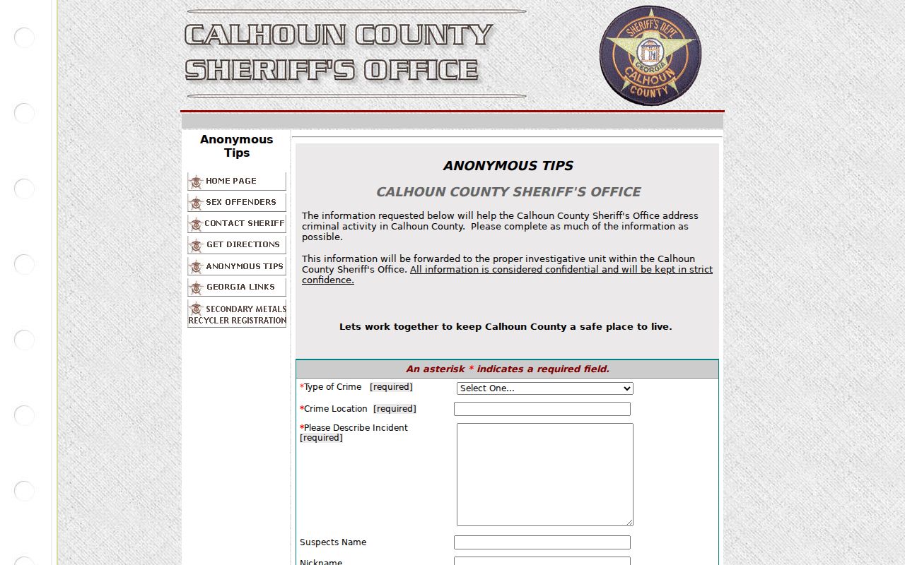 Calhoun County warrant records anonymous fugitive tip form